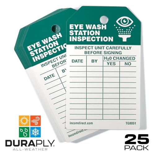 INCOM Manufacturing Inspection Tags, Eye Wash Station Inspection,Heavy-Duty DuraPly® Stock,Waterproof & Tear-Resistant,Green/Black On White, 5.75 Inch X 3.375 Inch X 10 Mil Thickness, 25 Pack,TG8051PT