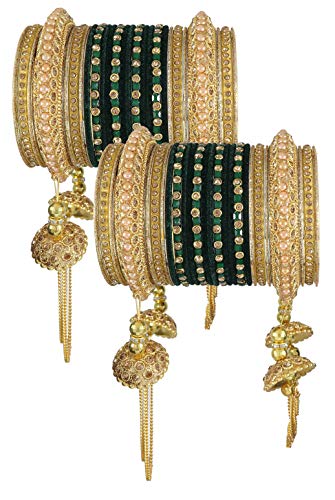 ZULKA Get your traditions Metal with Zircon Gemstone Or Beads Studded worked and Velvet worked Glossy Finished Latkan Chuda Set For Women and Girls, (Dark Green_2.8 Inches), Pack Of 52 Bangle Set
