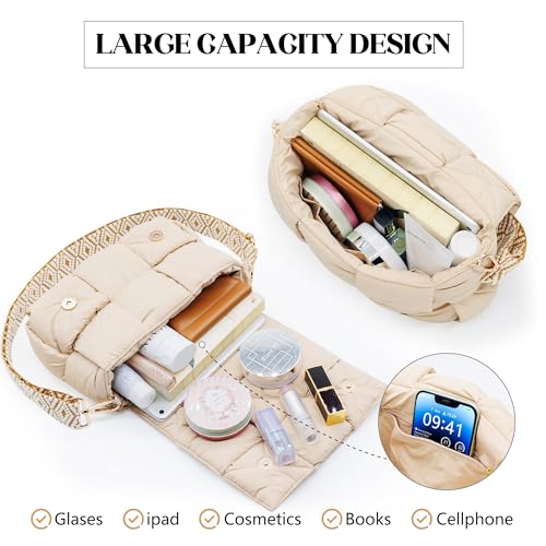 Image of Shoulder Bag Lightweight Puffer Tote Crossbody Bag Handwoven for Women | waterproof nylon, durable, soft padded texture, versatile for travel, work, weekend, everyday, adjustable strap