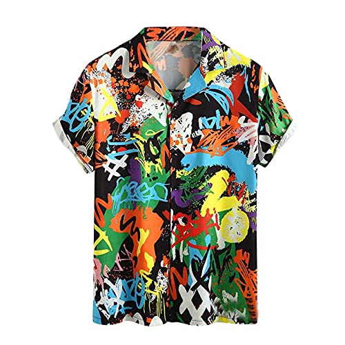 Hawaii T-Shirt for Men Printed Beach Flower Short Sleeve Lapel Button Colorful Tee Blouse Summer Casual Loose Tops