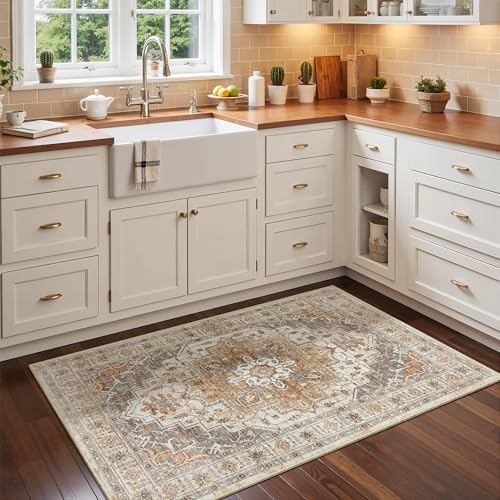 Madane Washable Entry Rug 3x4, Area Rugs for Entryway Kitchen Bathroom Door Mat Indoor Entrance, Vintage Floral Print Office Runner with Non Slip Rubber Backing, Turmeric/Grey