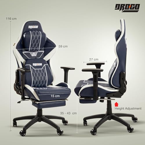 Image of Drogo Matrix Ergonomic Gaming Chair with 4D Armrest, Adjustable Seat Pu Leather & Foot Rest | High Back Computer Chair with Head & Lumbar Support Pillow | Home & Office Chair with Full Recline (Blue)