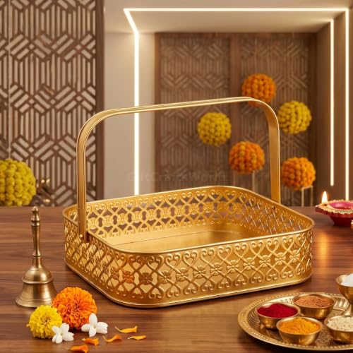 Image of Multipurpose Metal Basket For Gift Hamper, Pooja Temple Storage With Sturdy Handle, Decorative Flower Organizer & Versatile Puja Utility Accessories Home Decoration (Square 20.5cm)