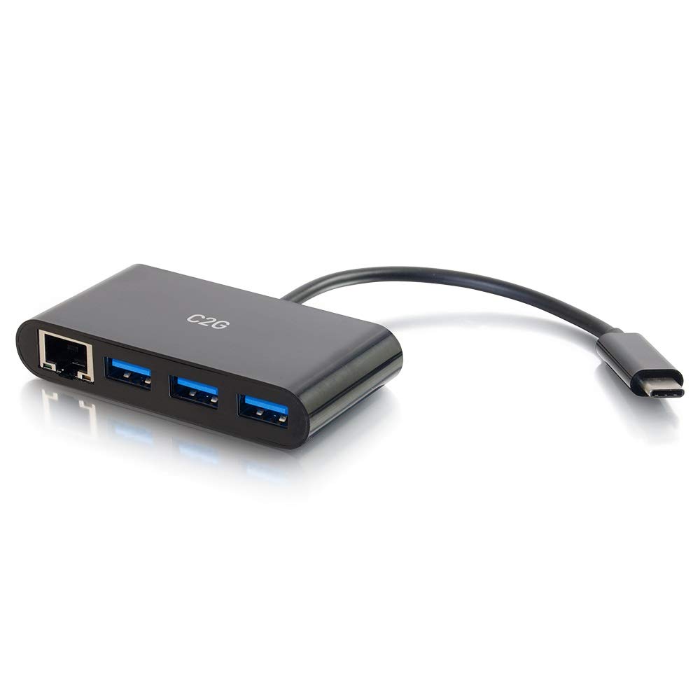 C2G USB-C / Thunderbolt-3 to RJ45 Gigabit Ethernet and 3 x USB-A 3.0 Laptop Adapter Hub, Suitable for MacBook Pro, iMac, Google Chromebook, Pixel, Dell Latitude, XPS 12/13/14 and More. (Black)