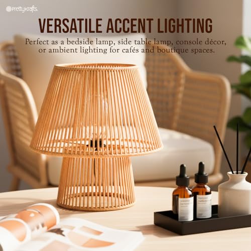 Image of PrettyKrafts Rattan Table Lamp (Bulb Not Included) | Natural Rattan Lampshade with Metal Base | Modern Minimalist Bedside & Living Room Lamp | Home Decor Lighting & Wedding Gift