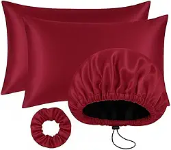 Kit Cetim Antifrizz 2 Fronhas Touca de Cetim Regulável Xuxinha Scrunchie Cabelo para Dormir (2 FRONHAS, 1 TOUCA VINHO)