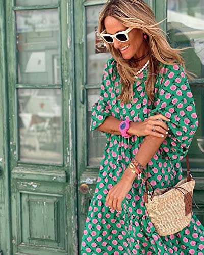 Miduo Womens Dresses Fashion Summer V Neck Half Sleeve Bohemian Floral Pattern Maxi Long Dresses Boho Flowy Dresses Green S thumb #3