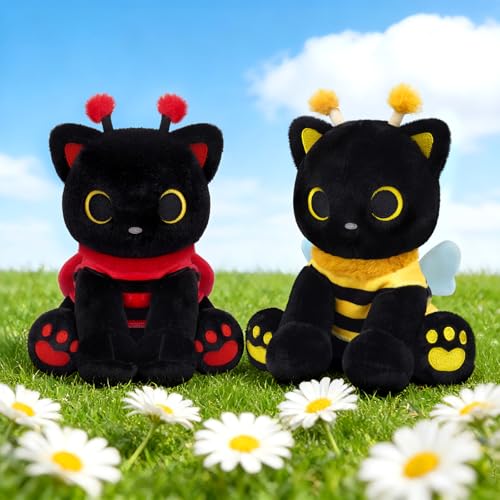 Image of Black Cat Plush with Removable Ladybug Costume, 8inch Cute Ladybug Gifts | Big Eyes Cute Soft Huggable Toy for Boys Girls,Toddlers Insect-Themed Room Decor Birthday Gifts
