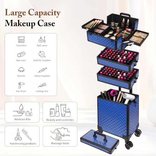 Image of 5 in 1 Rolling Makeup Train Case Professional Cosmetic Trolley Large Storage Organizer on Wheels for Hairstylist Artist Nail Beauty Salon Barber Blue