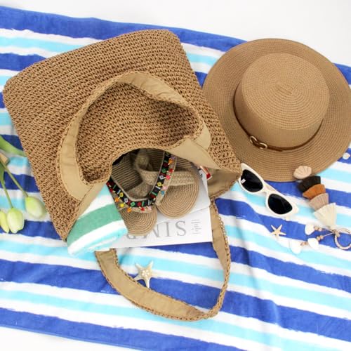 RUNROLE Straw Beach Tote Bag with Tassel Hat Clip for Travel Vocation, Lightweight Raffia Summer Shoulder Bag for Women4