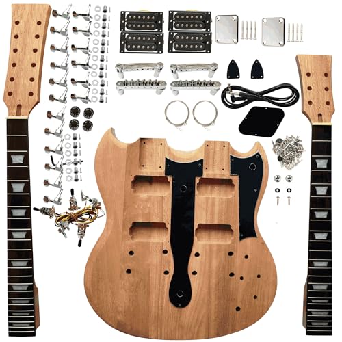 DIY Double Neck Guitarr Kits Beginner Kits 12 String Right Handed with Mahogany Body Mahogany Neck Rosewood Fingerboard Chrome Hardware Build Your Own Guitarr.