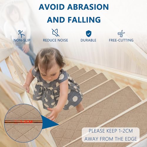 Stairtreadsforwoodenstepsindoor15pack8x30nonslipcarpetstairtreadswithreusableadhesiveforkidseldersanddogssurfacepolyestertprbackingstairrugsbeige Urban Country Home Decor Stair treads for wooden steps indoor 15 pack 8 x 30 non slip carpet stair treads with reusable adhesive for kids elders and dogs surface polyester tpr backing stair rugs beige urban country home decor