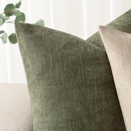Image of Foindtower Pack of 2 Soft Textured Chenille Throw Decorative Pillow Cover Square Accent Solid Cushion Cover Cozy Neutral Farmhouse Pillow Case for Couch Sofa Bedroom Living Room 24x24 Inch,Olive Green