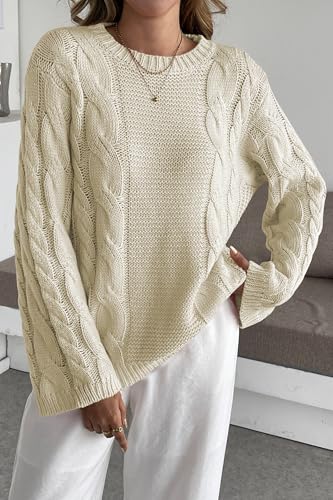 Image of Cakulo Womens Oversized Pullover Sweaters Bell Sleeve Chunky Cable Knit Sweater Crewneck Trendy Knitted Tops 2025