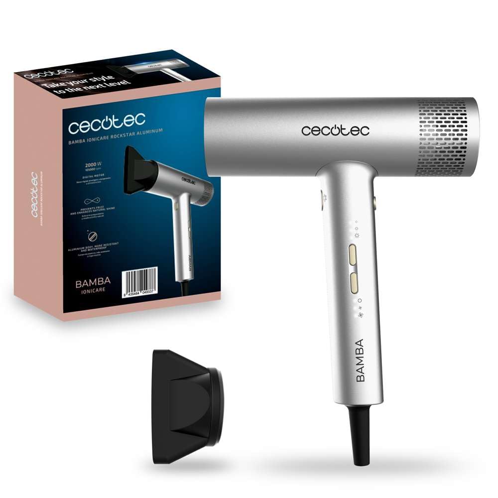 Cecotec Secador de Pelo con Motor Digital Bamba IoniCare RockStar Aluminum. 2000W, 105000rpm, Tecnología de Iones, 3 Velocidades y 4 Temperaturas, Incluye Boquilla de Precisión