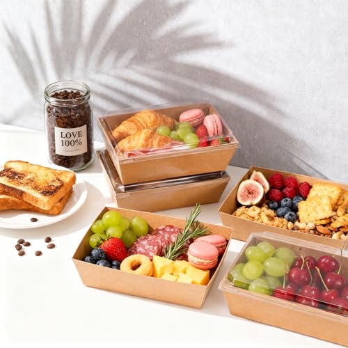 Image of Hiceeden 50 Pack Charcuterie Boxes with Clear Lids, 8.4 inchx5.7 inchx2.8 inch Paper Bakery Dessert Sandwich Box, Disposable Large Food Containers for Cookies, Donuts, Muffins, Salad, and Pastry, Brown