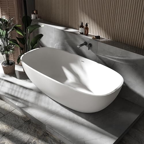 BERNSTEIN - Baignoire îlot ovale design Blanc mat Fonte minérale + Bonde et trop plein, 350L - 180x87x54cm (lxLxH) - OCEAN STONE