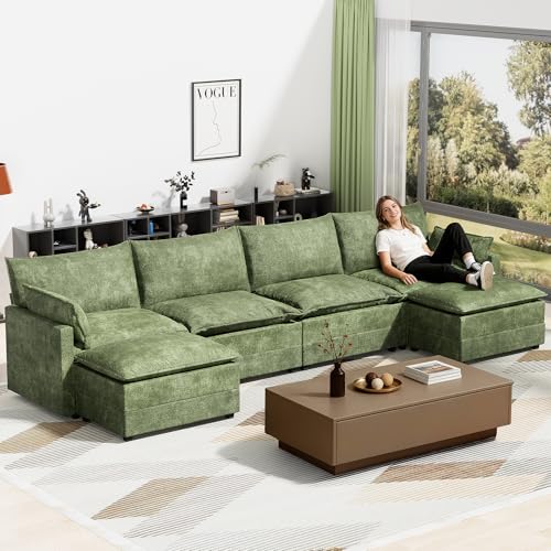 Image of LEVELEVE 147 inch U-Shape Modular Sofa with 2 Ottomans, Deep Seat Cloud Convertible Sleeper, 2 Arm Pillows, Comfortable Large Upholstered Furniture for Living Room Apartment, Green