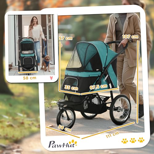 PawHut Hundewagen Hundebuggy klappbar für Hunde & Katzen bis 20 kg Katzenbuggy mit geländegängige Gummiräder Kissen Netzfenstern Türen Katzenwagen mit Aufbewahrungskorb Buggy Dunkelgrün