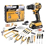 AOWEI Brushless Motor Tool Kit Set: Yellow 21V Cordless Drill, Power Drill Tool Box,3/8