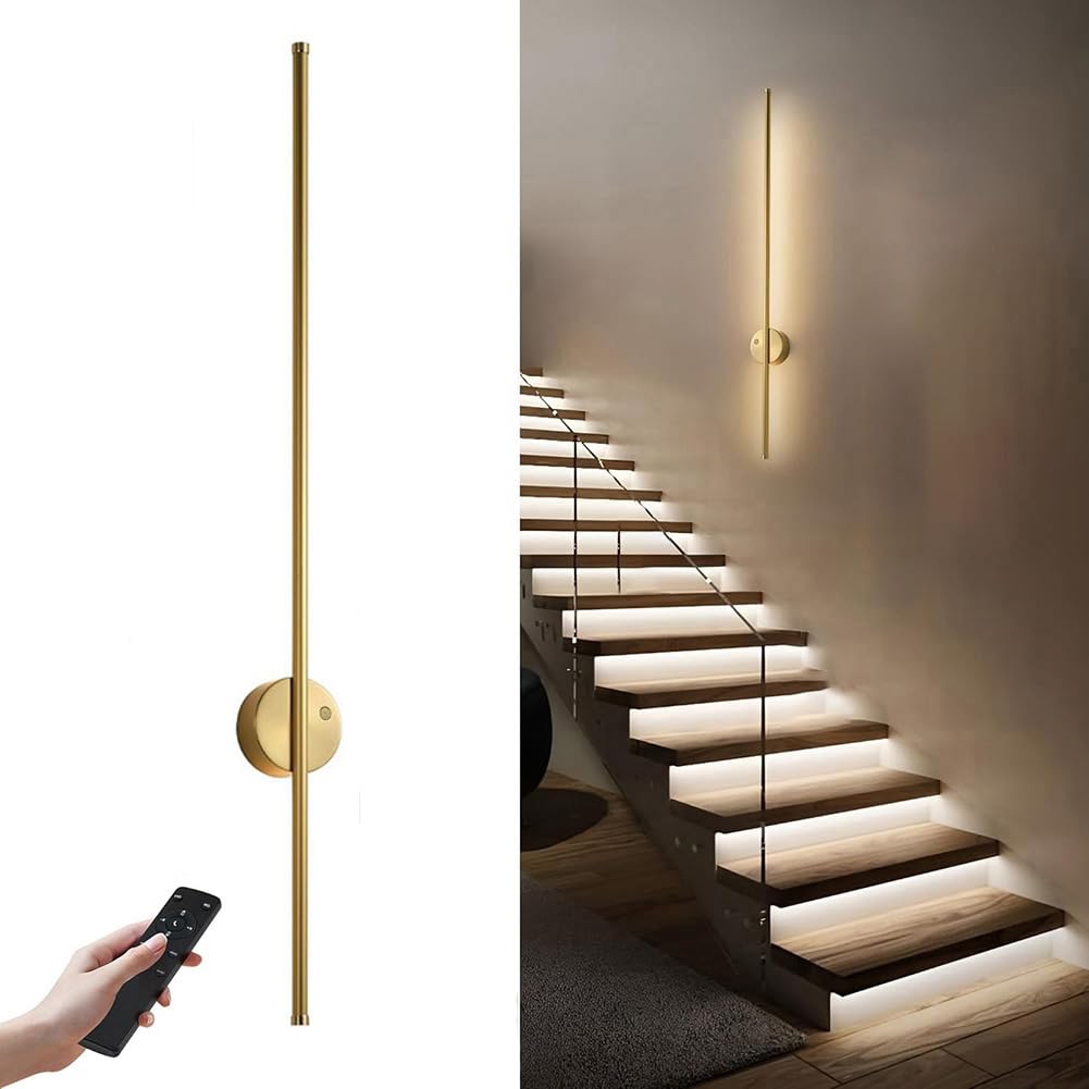Logt Brushed Brass Motion Sensor Battery Operated Wall Sconce Modern Rechargeable Wireless Wall Lights With Remote Control, Dimmable, 3000K/4000K/6000K, Timer For Living Room, Hallway,,100Cm