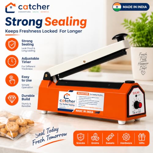 Image of CATCHER Sealing Machine for Food Packets | 1 Year Warranty, 8 Inch | Packet Sealer Machine, Packing Machine Sealing, Plastic Sealing Machine, Heavy metal Body From Full Customer Support (Blue)