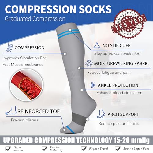 Image of 3 Pairs Knee High Graduated Compression Socks For Women and Men - Best Medical, Nursing, Travel & Flight Socks - Running & Fitness - 15-20mmHg