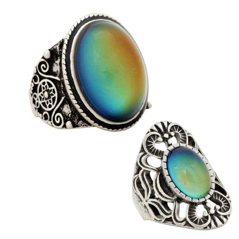 LOKILOKI 2 Uds Anillos De Estado De Ánimo Que Cambian De Color Chapados En Plata Antigua Que Cambian La Temperatura del Color Conjunto De Anillos De Sensación De Emoción para Mujeres/Hombres