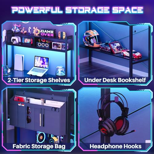 Image of Aheaplus L Shaped Desk Gaming Desk, 59 inch L Shaped Computer Desk with LED Light & Power Outlet, Reversible Home Office Desk Gamer Desks with Shelves & Storage Bag & Hooks, Corner PC Desk, Black