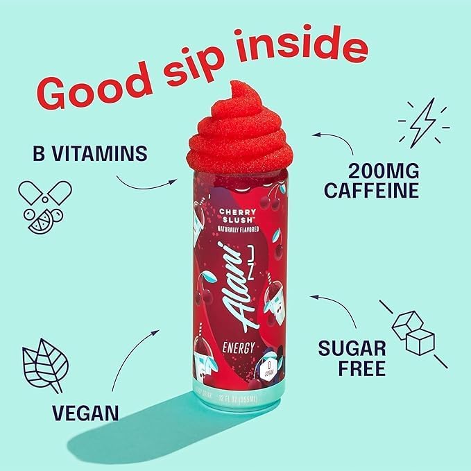 New Alani Sugar Free Energy Drink Cherry Slush, Blue Slush, Pink Slush Flavor 12 fl oz Low-Calorie Energy Boost Drinks (Pack of 6)