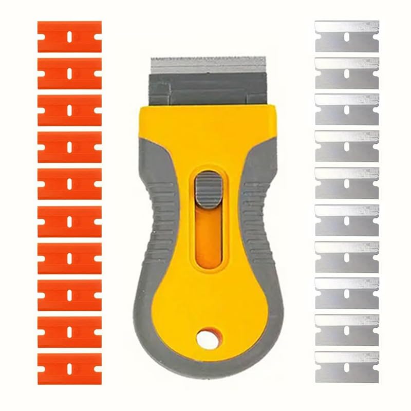 21pcs Adhesive Removal Scrapers Set, Razor Blade Scraper, Double Edged Scraping Tool with 10 Pcs Razor Blades, Suitable for Windows, Cleaning, Stickers, Labels, Caulk, Adhesive - Yellow