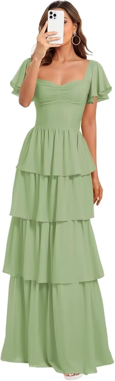 GATMAHE Square Neck Bridesmaid Dresses for Wedding 2026 A Line Ruched Chiffon Tiered Floor Length Beach Wedding Guest Dress