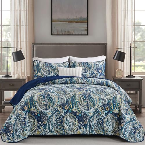 DJY Navy Blue Paisley Quilt Set Queen