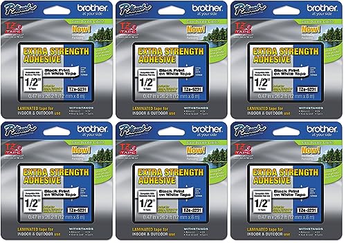 Brother Genuine P-Touch 6-Pack TZe-S231 Laminated Tape, Black Print on White Extra Strength Adhesive Laminated Tape for P-Touch Label Makers, Each Roll is 0.47"/12mm (~ 1/2") Wide, 26.2 ft. (8M) Long