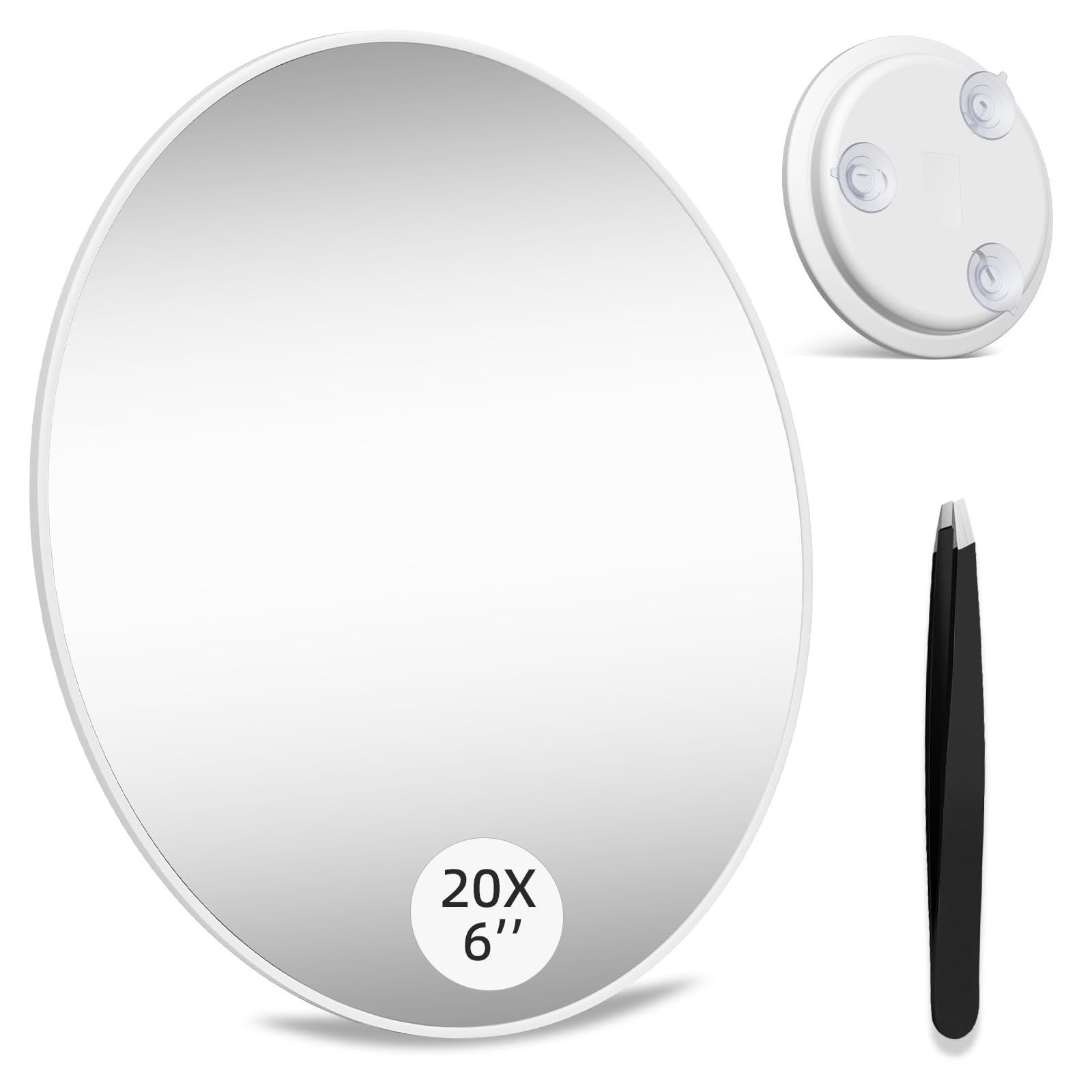 saiggnyy Large 6" 20x Magnifying Mirror with Tweezers, Travel Magnified Makeup Mirror with Suction Cups, 20x Magnification