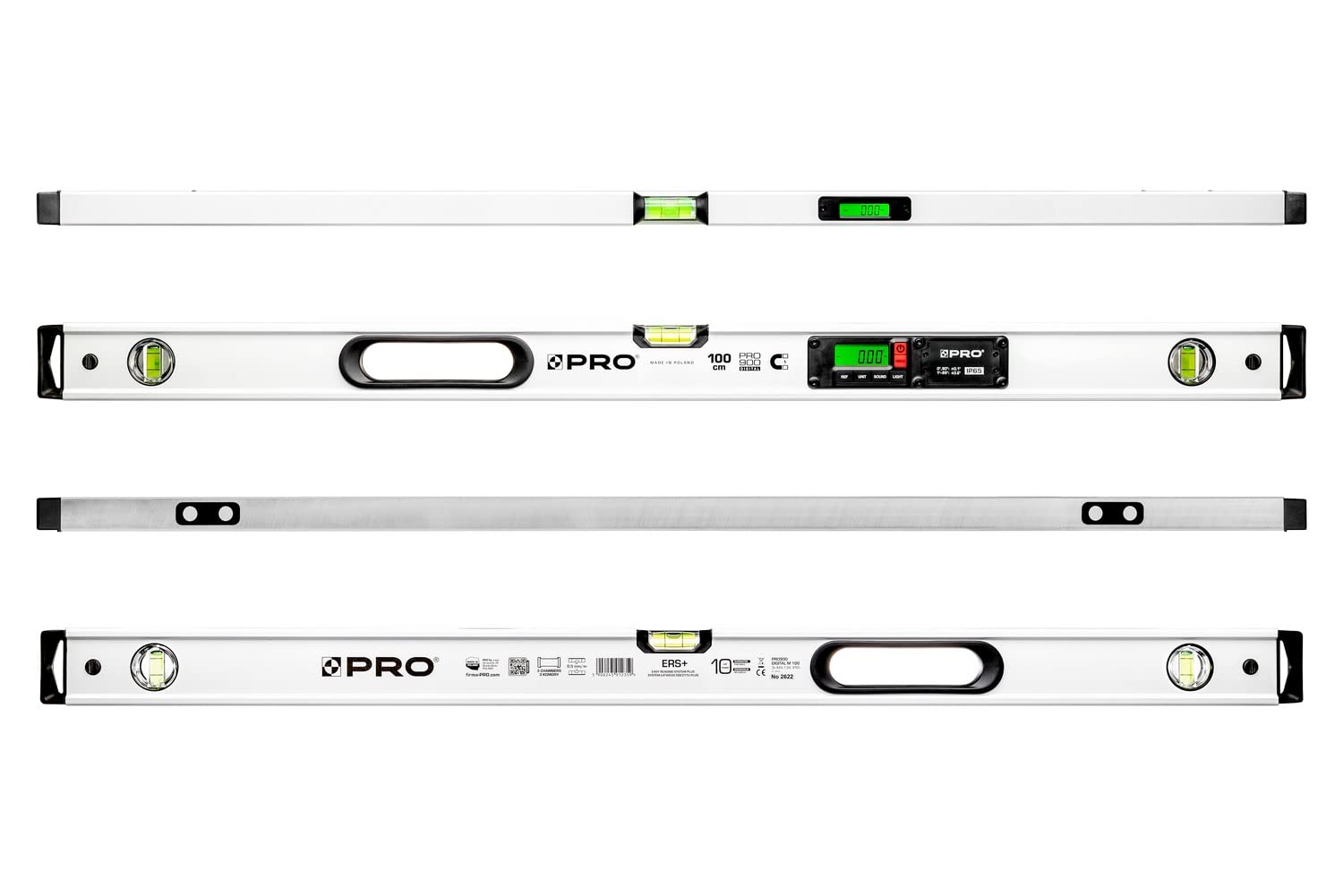 PRO900 Digitale Wasserwaage 100cm mit 2 LCD Displays und Abdeckung - Elektronische Wasserwaage mit Messwertspeicher für bis zu 19 Ergebnisse Schutzart IP65 - Farbe Weiß
