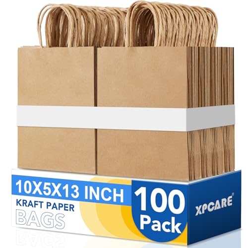 XPCARE Large Brown Paper Bags 100 Packs 10x5x13 Inch Gift Bags with Handles Bulk Paper Bag with Handles Retail Kraft Paper Bag Brown Gift Bags for Wedding Party Shopping