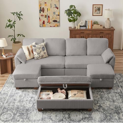 Image of Convertible Sectional Sofa with Storage Ottomans & Coffee Table, Modern Corduroy Fabric, U-Shaped Couch with Dual Ottomans Chaise & Long Bench, Sofa Set Couches for Living Room, Light Grey