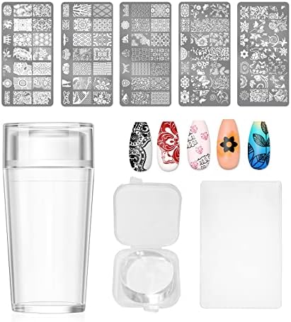 X&D Nail Art Stamper Clear Jelly Nail Art Stamping Transparent Silicone Rubber Nail Polish Stamper with Acrylic Scraper, Spare heads, Stainless Steel Plate Kit for French Tips and Transfer Images B