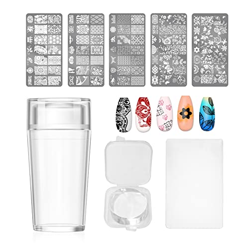 X&D Nail Art Stamper Clear Jelly Nail Art Stamping Transparent Silicone Rubber Nail Polish Stamper With Acrylic Scraper, Spare Heads, Stainless Steel Plate Kit For French Tips And Transfer Images B #TOP2