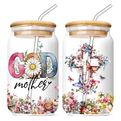 FIVITY Gifts for Godmother 16 Oz Coffee Glass Cup with Lid and Straw Godmothers Drinking Glasses Mothers Day Birthday Pregnancy Announcement Proposal Gift for God Mother Godmom from Godchild