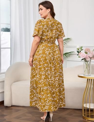 Image of ShopWonder Womens Plus Size V Neck Wrap Maxi Dress High Waist Ruffle Summer Casual Dress with Belt