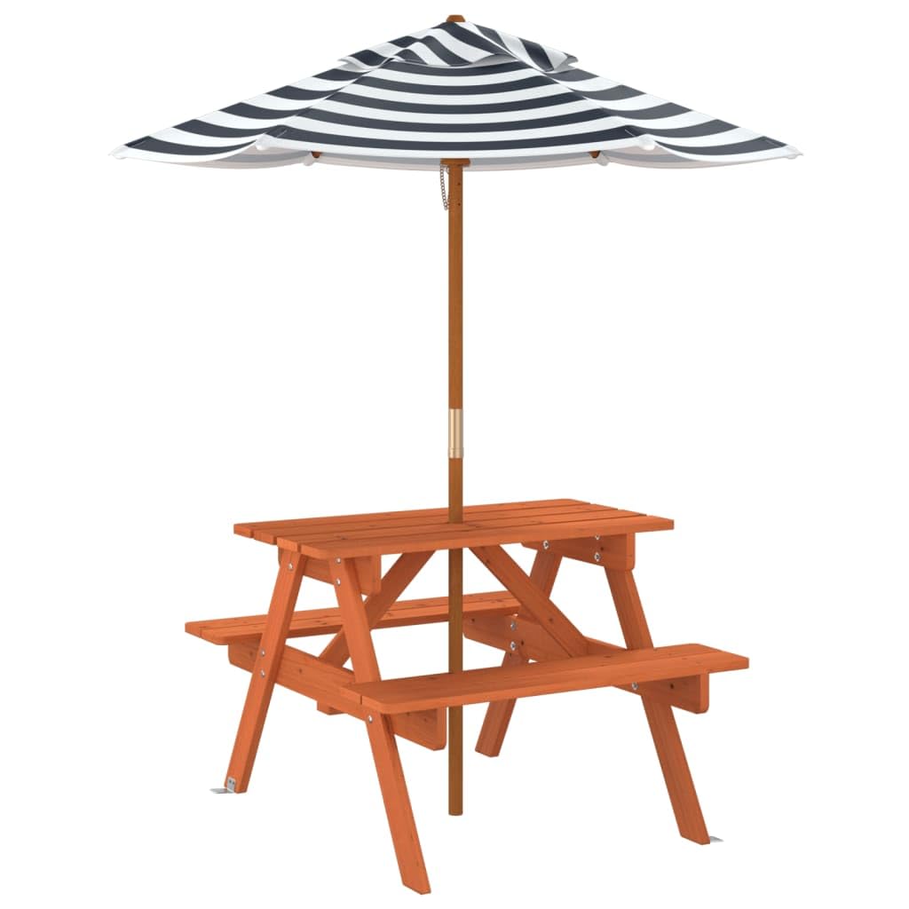 Tavolo da picnic per 4 bambini con ombrellone in legno di abete massiccio, tavolo da giardino, terrazza, balcone, resistente alle intemperie, stabile, ideale per picnic all'aperto e campeggio