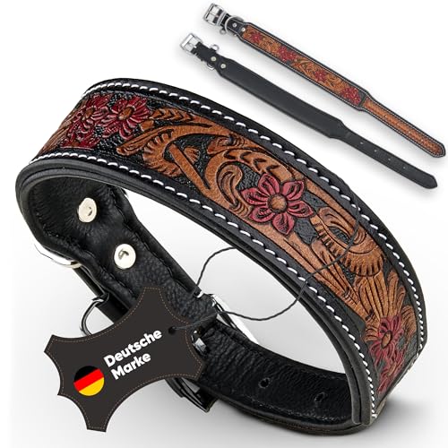 MICHUR Flora Hundehalsband Leder, Lederhalsband Hund, Halsband, SCHWARZ Rot Braun, Leder, mit roten Blumenmuster, in verschiedenen Größen erhältlich