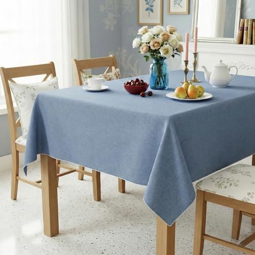 Image of Cotton Tablecloth, Edge Trim, Ocean Blue, 60 x 75 in | Heavyweight chambray cotton, embroidered edge trim, 4-seater rectangle, machine washable, everyday dining and hosting
