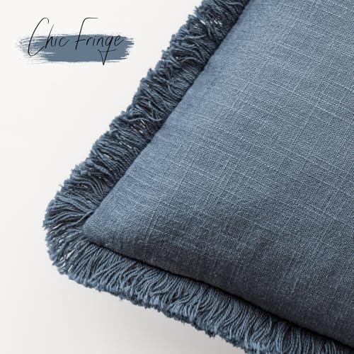 Image of Foindtower Set of 2 Decorative Linen Fringe Throw Pillow Covers Cozy Farmhouse Cushion Cover with Tassels Accent Pillowcase for Couch Chair Sofa Bed Living Room Home Decor,18x18 Inch,Dark Blue