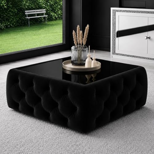 Image of Premium Tufted Upholstered Coffee Table with Mica Top - Modern Square Ottoman Center Table, Soft Velvet Finish, Luxury Living Room Furniture - 30 x 30 x 18 Inch (Black)