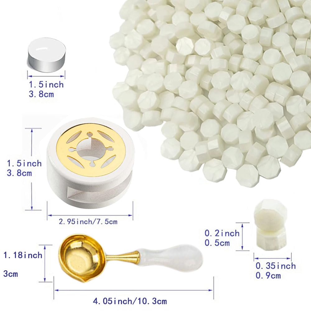 Ioggtser Wax Seal Beads Kit - 450PCS Pearl White Beads, Warmer, Melting Spoon, 2 Candles - for Wedding Envelope Sealing - Image 4