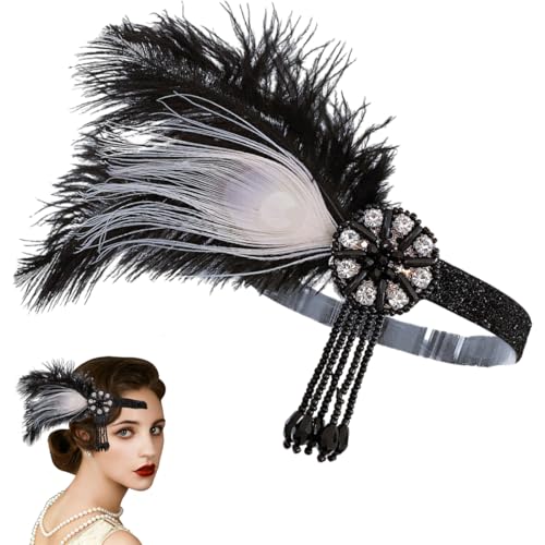 AEKZOX 1 pieza diadema de plumas de aleta de los años 20, diseño de plumas de los años 20, estilo Flapper Showgirl Charleston negro y dorado