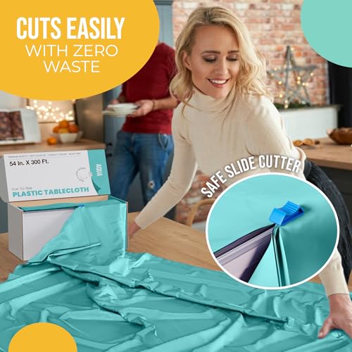 Image of Exquisite Party Solids 54 Inch X 300 Feet Aqua Plastic Table Cover Roll in A Cut - to - Size Box with Convenient Slide Cutter. Cuts Up to 36 Rectangle 8 Feet Plastic Disposable Tablecloths